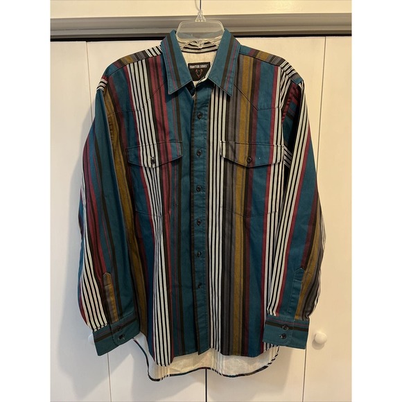 VTG Frontier Series Shirt Mens Sz L Vertical Stripe Western Cowboy HEAVY - Picture 1 of 10